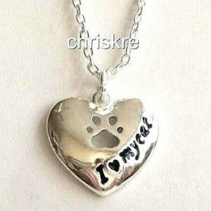 Silver Cat Paw Print Heart Necklace I LOVE MY CAT